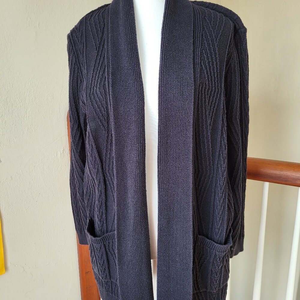 Women's black open front cotton cardigan pockets petite large St. John's Bay